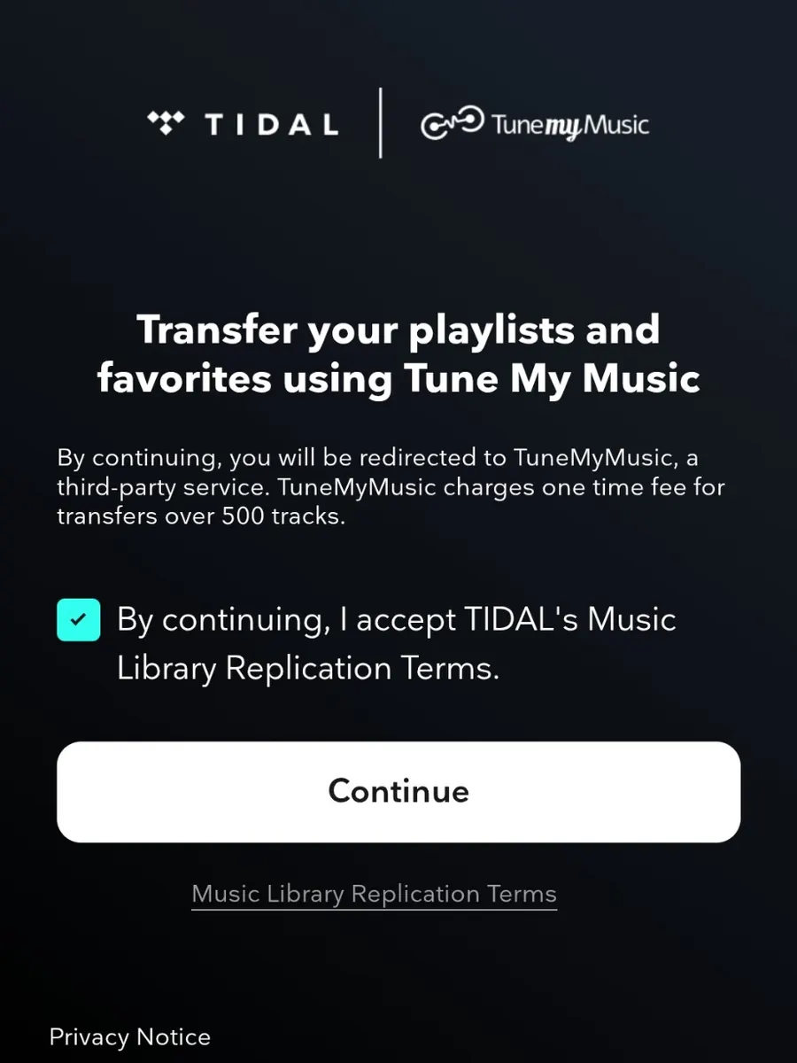 TIDAL perkėlimo sąlygų patvirtinimo langas