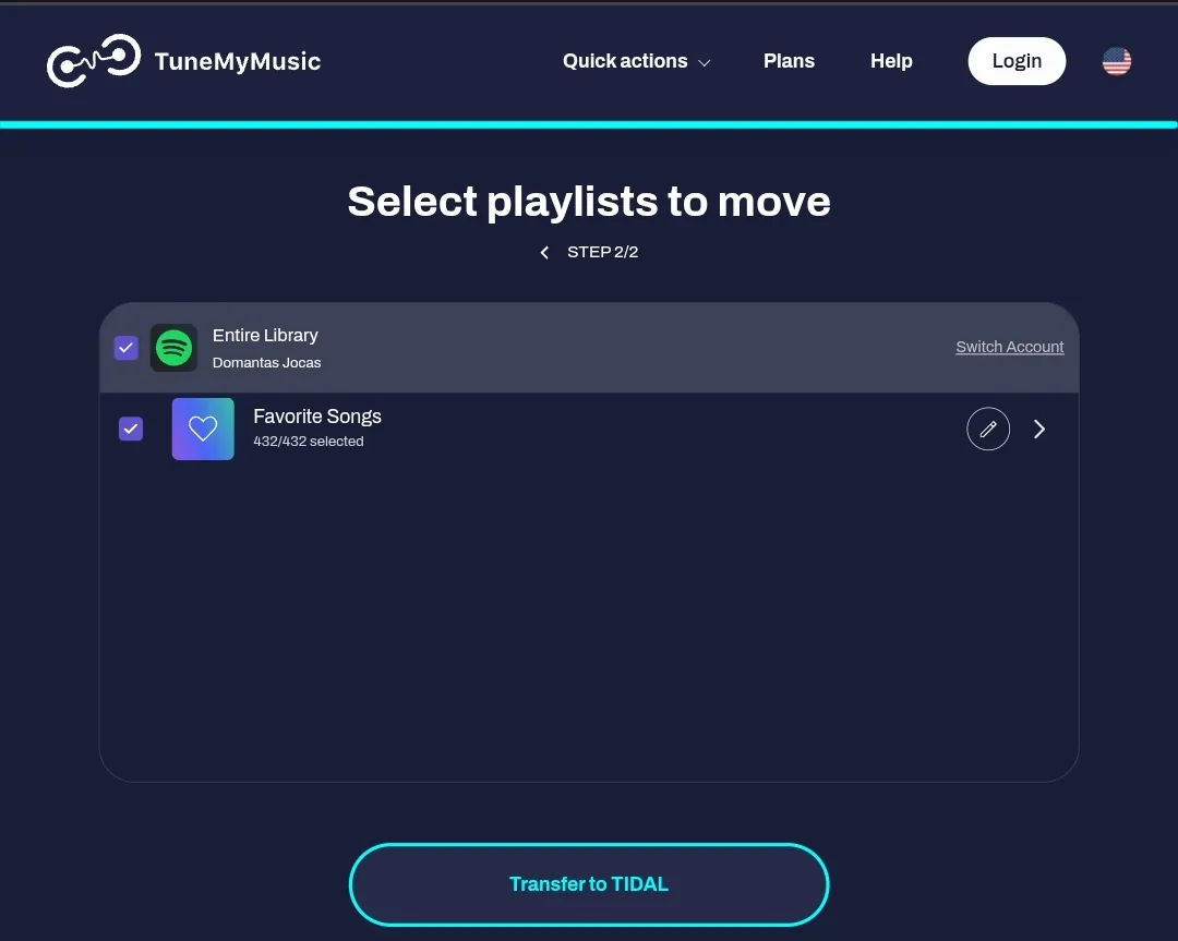 TuneMyMusic langas, kuriame galima pasirinkti visą muzikos biblioteką ir atskirus grojaraščius
