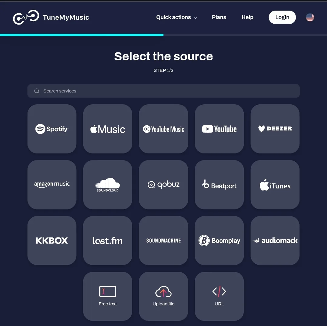 TuneMyMusic muzikos šaltinių sąrašas, kuriame matyti Spotify, Apple Music, YouTube Music, YouTube, Deezer ir Amazon Music