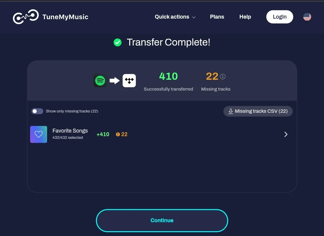 TuneMyMusic perkėlimo pabaigos langas su sėkmingai perkeltais ir nerastais kūriniais