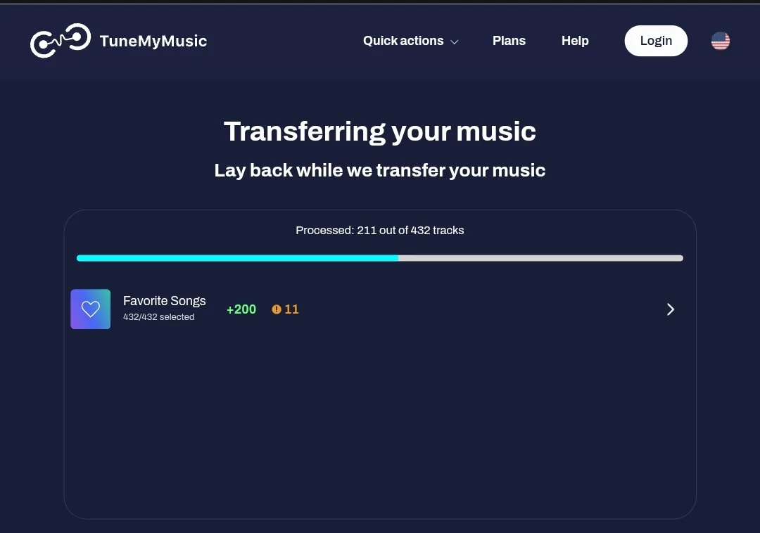 TuneMyMusic muzikos perkėlimo eigos langas