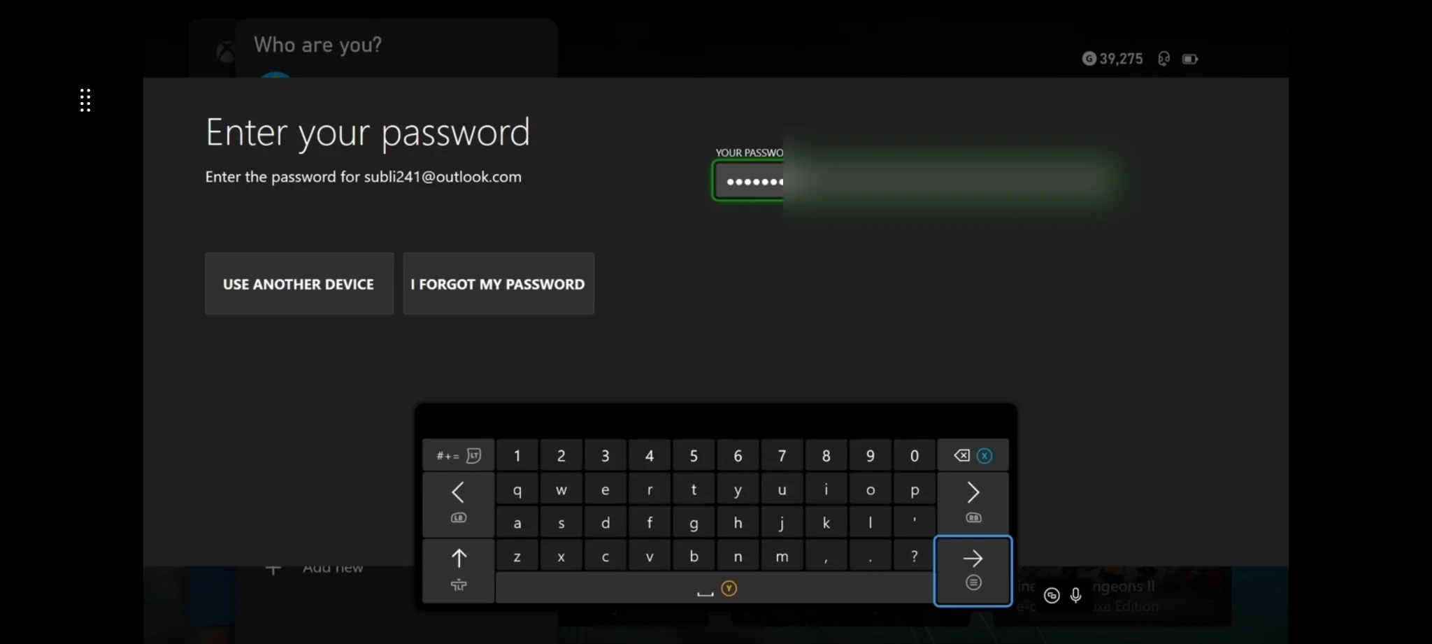 Xbox Game Pass paskyros slaptažodžio įvedimas