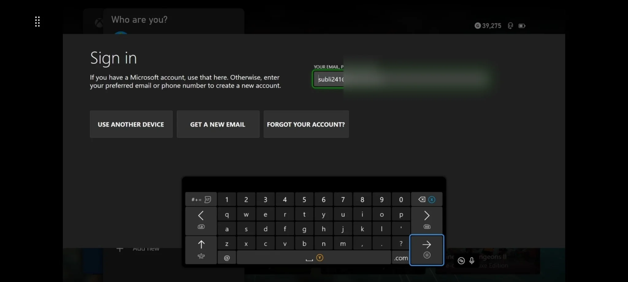 Xbox Game Pass paskyros el. pašto įvedimas Xbox konsolėje