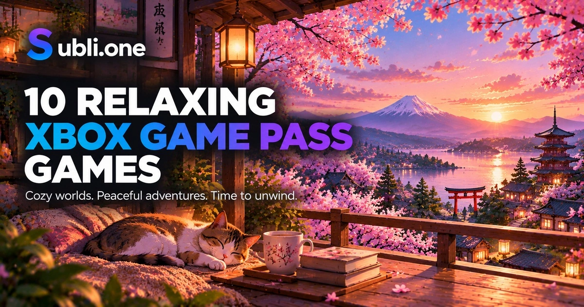 Relaxing Xbox Game Pass Ultimate games featuring cozy gaming, cherry blossoms, peaceful landscapes, and a sleeping cat